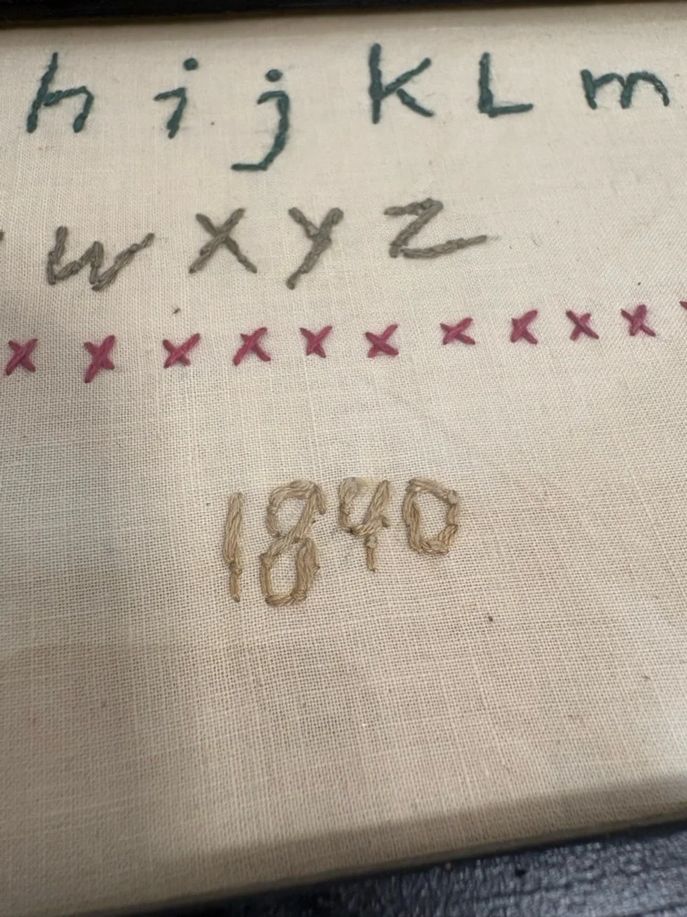 Antique 1840 Framed Alphabet Sampler Embroidery in Green and Pink